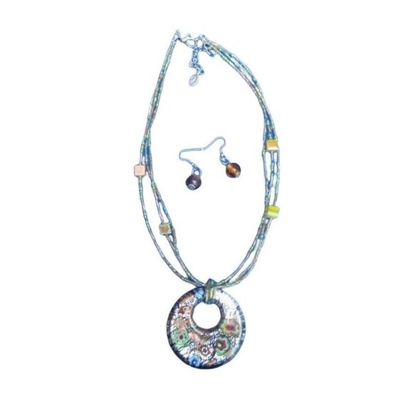 Vtg Handmade Beaded Millefiori Necklace Large Floral Glass Pendant Earrings Set - Picture 3 of 3